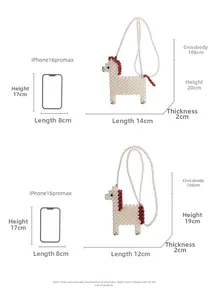 Size chart for handmade pearl beaded horse crossbody bags with iPhone dimensions comparison