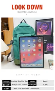 Deep green nylon backpack detail showing 0.28kg weight and 25x40x16cm dimensions