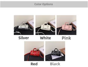Mini cylindrical shoulder bags for kids in silver white pink red and black variants
