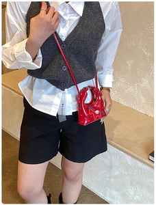 Détail du mini sac à main rouge à pois blancs avec broderie de cheval bleu