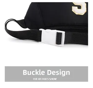 Close-up of white plastic buckle and embroidered letter S on black fabric chest bag