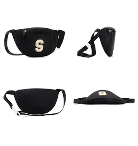 Multi-angle views of black nylon chest bag with letter S embroidery and adjustable strap