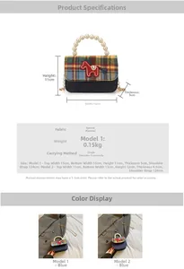 Detailed size chart for kids plaid bag with pearl handle and horse patch embroidery