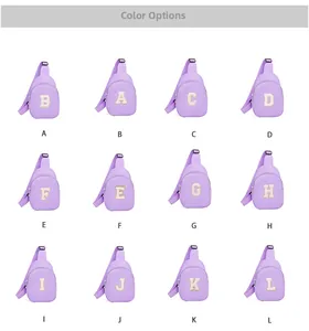 Grid display of purple nylon sling bags for kids with sparkling sequined letters