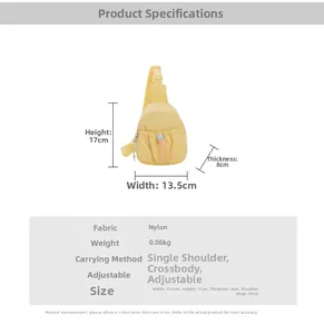 Detailed size specifications for yellow nylon crossbody chest bag with adjustable strap
