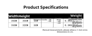 Size chart showing nylon school bag dimensions 30x30cm and 35x32cm with weight specifications