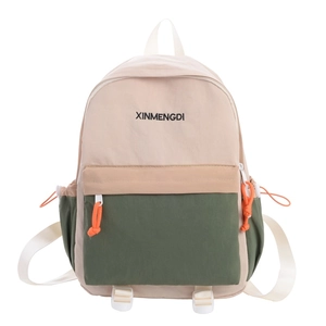 Three-color minimalist school backpack in beige, khaki and dark green with orange zippers