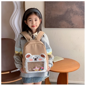 Detail of kindergarten backpack featuring a khaki bear design and transparent star pocket