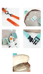Detail of kids backpack showing durable nylon straps, mesh fabric and cute duck plush charm