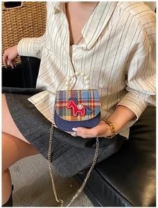 Toddler blue denim mini bag with plaid flap, horse patch, and elegant pearl handle