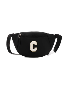 Detail of black nylon chest bag with varsity style letter C embroidery and secure buckle
