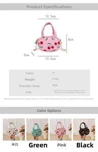 Detailed size chart and multi-color comparison of cherry print mini crossbody bags