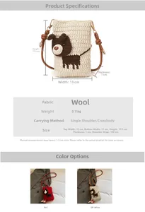 Detail of handmade crochet puppy bag with size measurements and color options