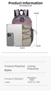 Size comparison of a colorful nylon backpack with dimensions and weight specifications