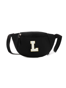 Detail of black nylon kids chest bag featuring a retro letter L chenille patch with white buckle