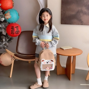 Cute cartoon toddler backpack with clear bear window and colorful balls for nursery kids
