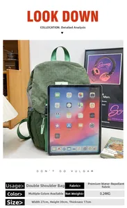 Waterproof green checkered backpack showing size comparison with a tablet device