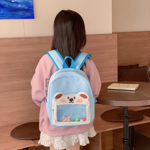 Cute light blue kids backpack with bear design and transparent window for toddlers