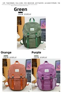 Checkered kids hiking backpacks in green, orange, and purple with buckle closures