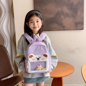 Cute light purple cartoon toddler backpack with bear shape and transparent window stars