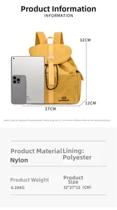 Size chart showing 32x27x12cm nylon school backpack dimensions with iPad scale