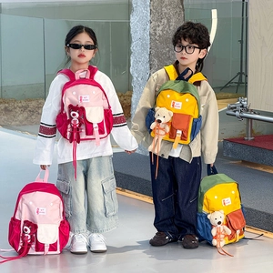 Kids cute color-block backpack with plush bear charm and multiple compartments