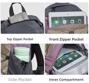 Detail view of multi-compartment hiking backpack with gray plaid and purple nylon fabric