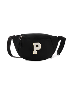 Detailed close-up of a black nylon kids chest bag featuring a white embroidered letter P