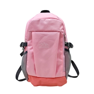 Pink and coral large outdoor hiking backpack for kids with mountain logo on white background