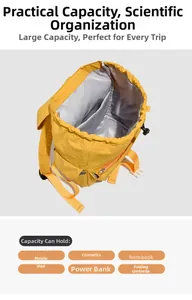 Detail view of large capacity kids backpack with yellow exterior and grey interior lining