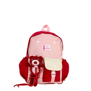 Kids color-block backpack in pink and red nylon featuring a cute plush bear decoration