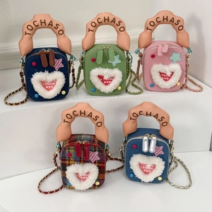 Mini Sac Bandoulière Fille Poignée Rembourrée Décor Coeur Peluche Étoile Similicuir Denim Plaid Sac À Main Mode Petit