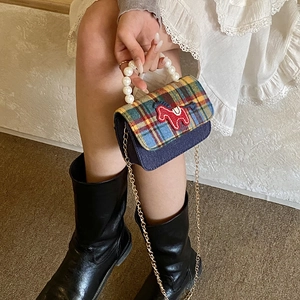 Kids plaid shoulder bag with pony embroidery, pearl handle, and metal chain strap