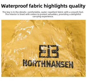 Detail of yellow waterproof fabric with water droplets and soft padded interior lining