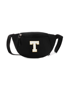 Detail of black kids chest bag with white chenille letter T patch and gold embroidery