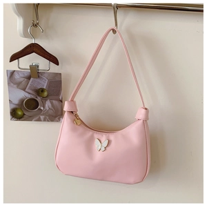 Sac hobo rose pour fille avec papillon blanc et tirette de fermeture en cœur doré