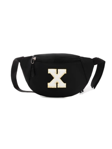 Detail shot of black nylon chest bag with white chenille X patch and gold embroidery