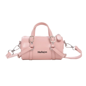 Pink mini barrel shoulder bag for kids featuring a top handle and adjustable strap