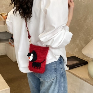 Handmade red crochet puppy crossbody bag for kids with cute cartoon design and gold hooks
