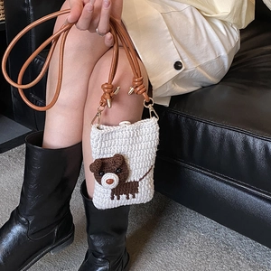 Handmade knitted mini puppy crossbody bag for children in cream white with brown strap