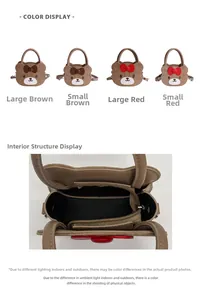 Detail view of cartoon bear handbag with 3D ears, embroidery, and zipper interior pocket