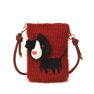 Handmade red crochet dog crossbody bag for kids with premium leather shoulder strap