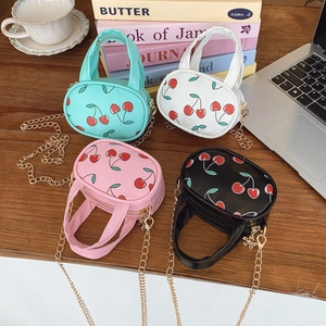 Kids Mini Crossbody Bag PU Leather Fresh Cherry Print Gold Chain Strap Cute Handbag For Toddler Girls