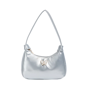 Sac sous le bras minimaliste argenté avec papillon en cuir PU et bandoulière fixe