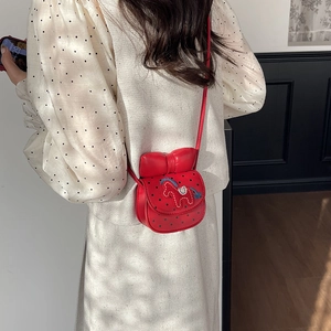 Joli sac bandoulière rouge pour filles avec grand nœud et broderie de poney animé