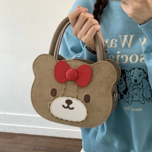Cute cartoon bear toddler handbag with red bow and brown textured finish for kids