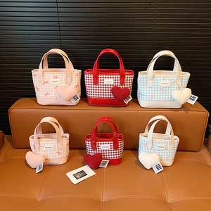 Mini sacs seaux à carreaux pour filles avec nœuds et pendentifs cœurs en trois couleurs