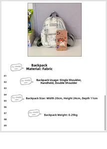 Detail view of mini white backpack with butterfly print showing dimensions 20x24x11cm