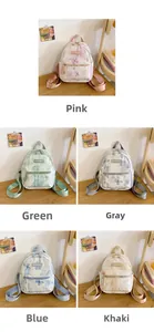 Close-up of mini backpacks in five colors with butterfly patterns and canvas texture