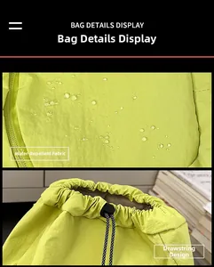 Detail von neongrünem, wasserfestem Stoff mit Kordelzugverschluss am Kinderrucksack